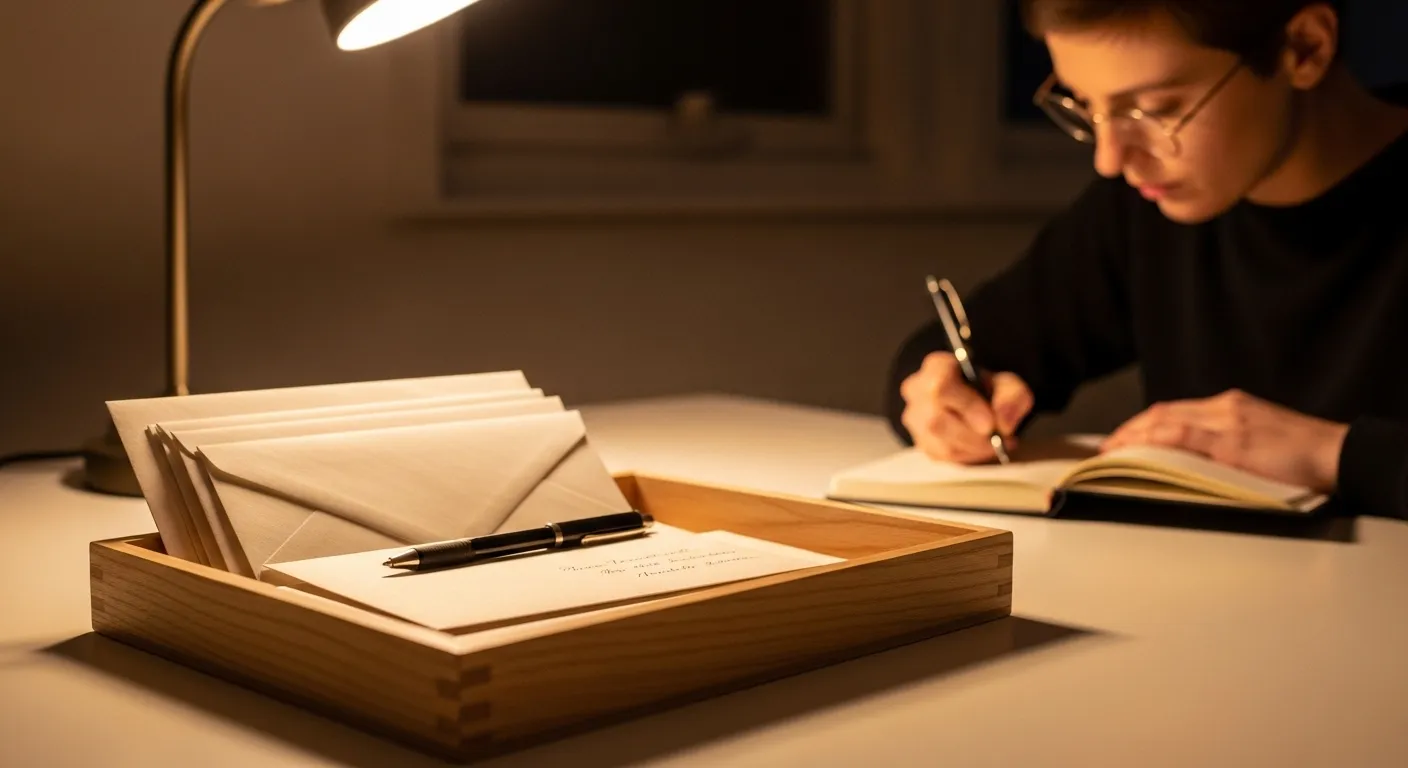 A wooden letter tray with mail sits on a tidy desk. In the background, a person works at night under a warm lamp.