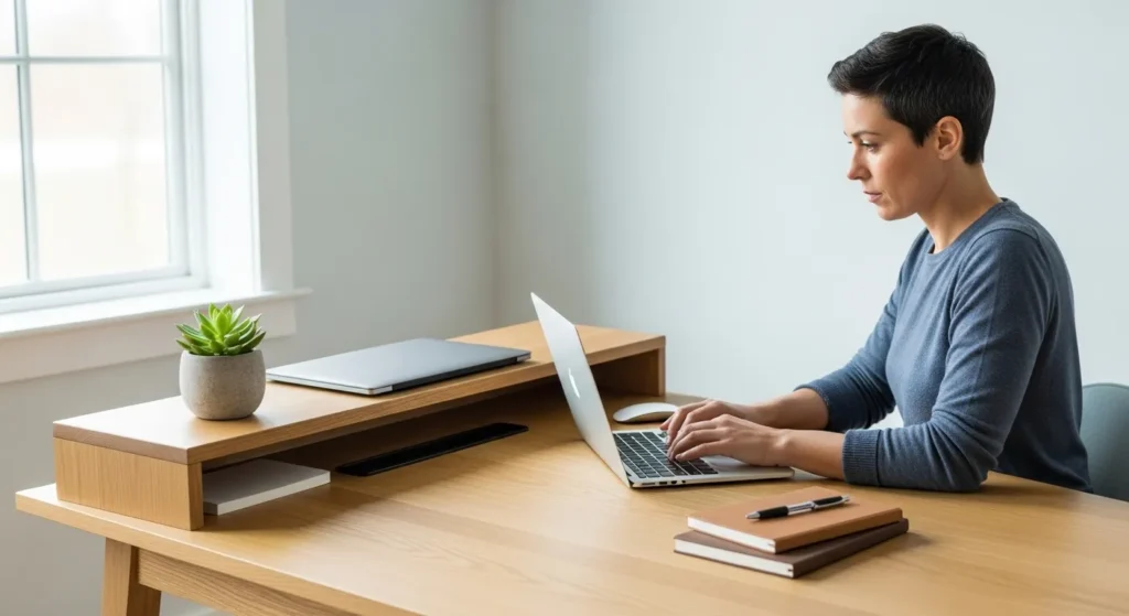 A person works at a tidy wooden desk in a sunlit room, with organized shelves and a laptop.