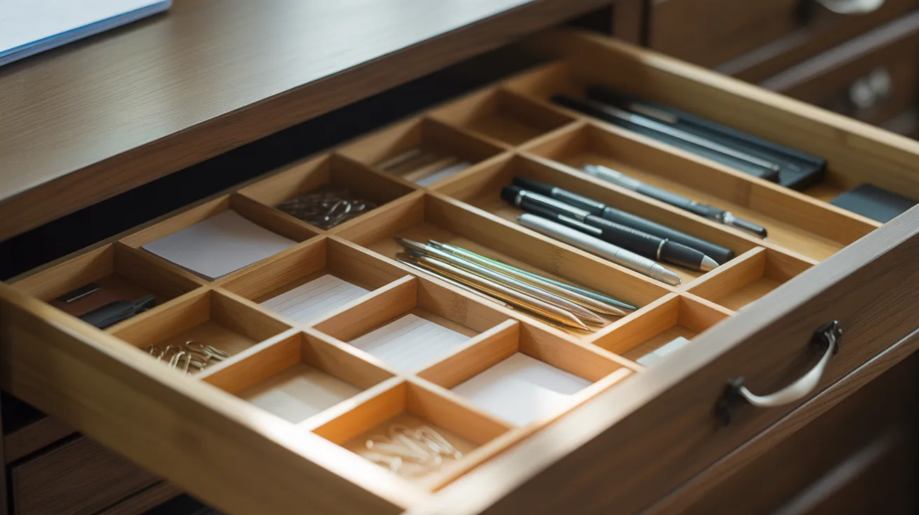 An overhead view of a tidy desk drawer with wooden dividers separating pens, clips, and small notebooks into organized sections.