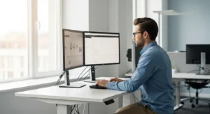 A professional stands and works at a tidy, organized sit-stand desk with two monitors in a sunlit, modern office.