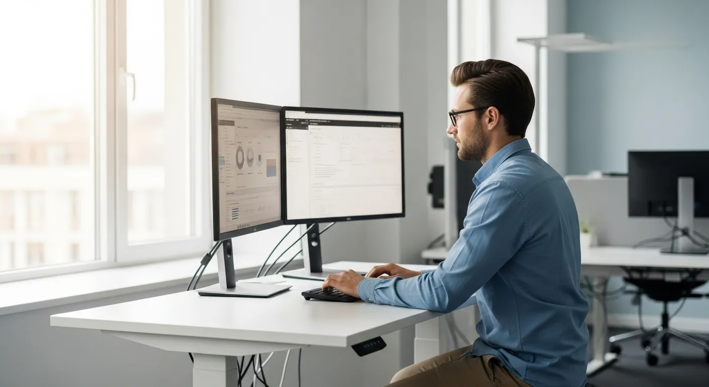A professional stands and works at a tidy, organized sit-stand desk with two monitors in a sunlit, modern office.