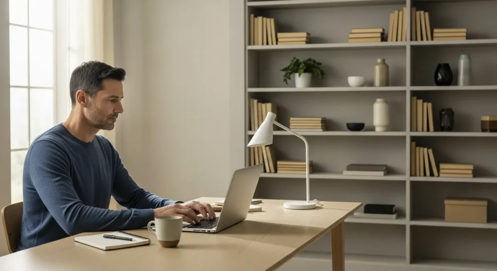 A professional working at a tidy, modern desk in a well-lit home office with an organized bookshelf behind them.