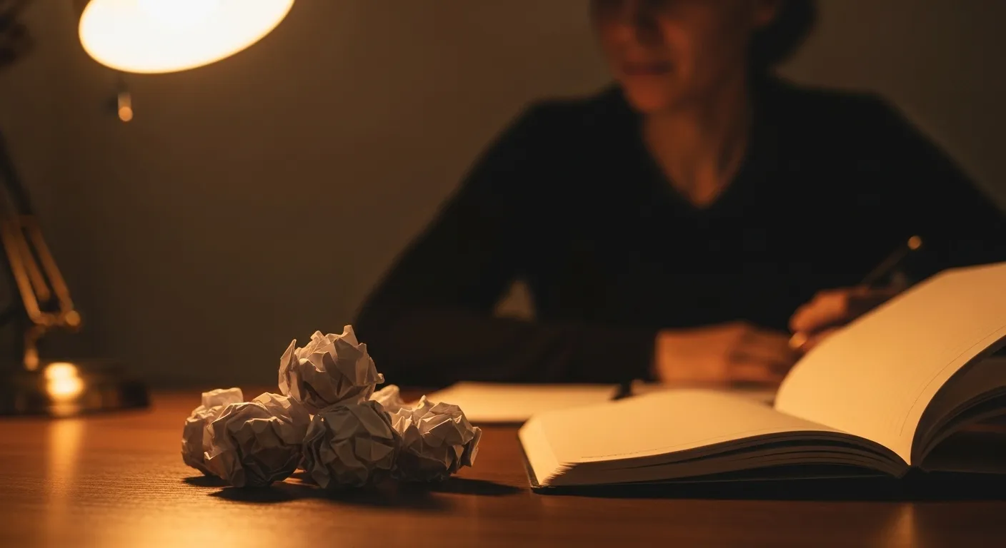 A close-up of a desk with a small pile of crumpled paper next to a clean, open notebook under warm lamplight.