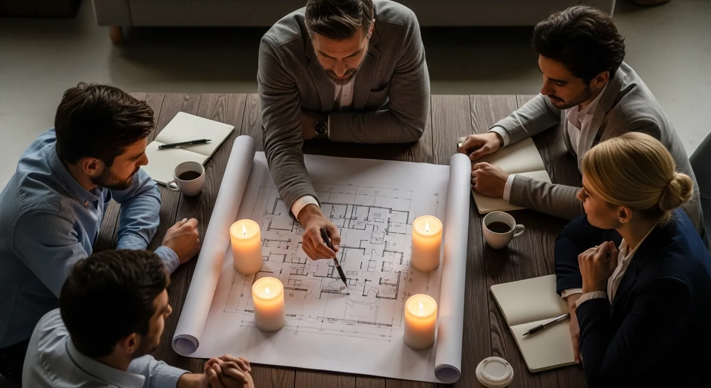 Top-down shot of a small team led by a professional, reviewing a large document on a table illuminated by candlelight.