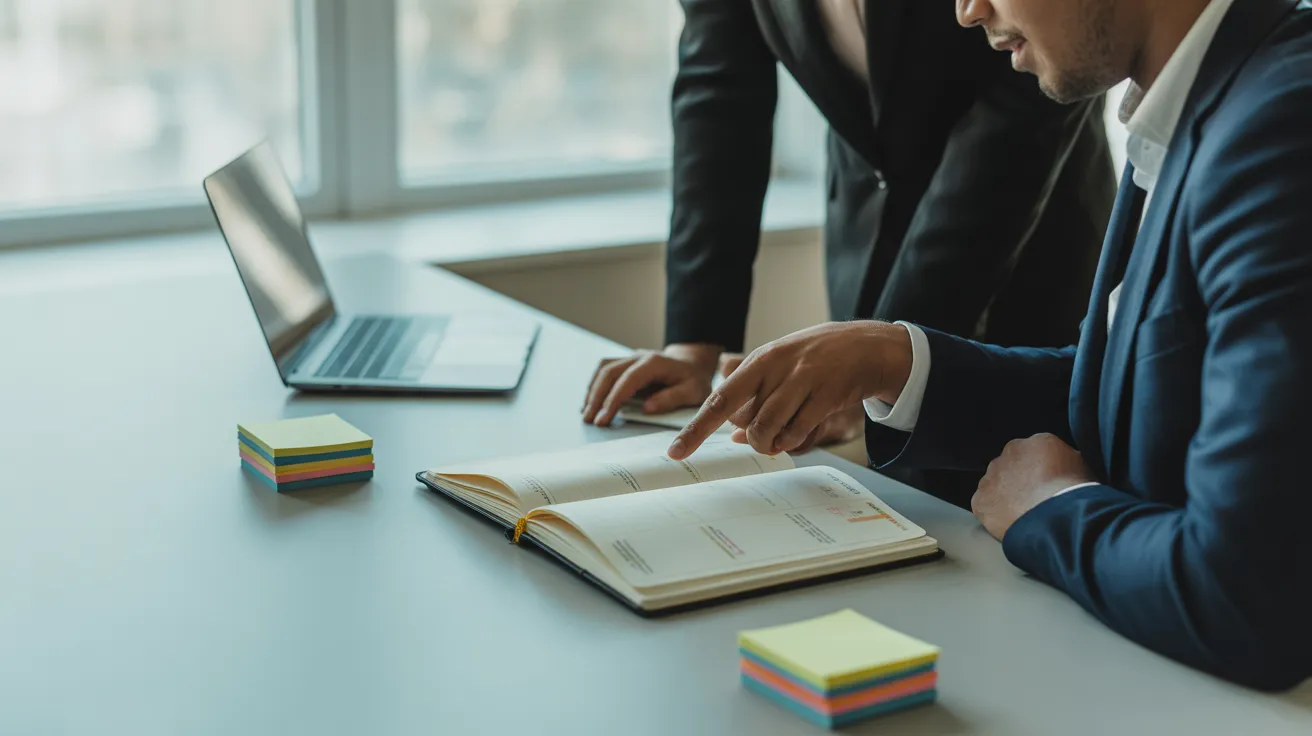 Two colleagues in a brightly lit office discuss plans over a large paper planner spread out on their desk.