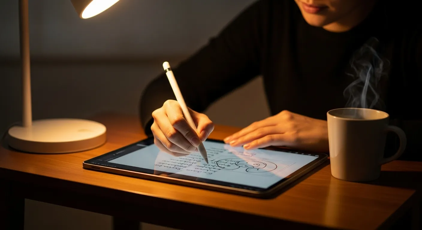 Close-up of a hand using a stylus to write on a tablet screen, lit by a warm lamp on a minimal desk.