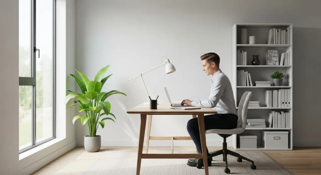 A person works at a laptop on a tidy wooden desk in a bright, organized home office with a bookshelf and a plant in the background.