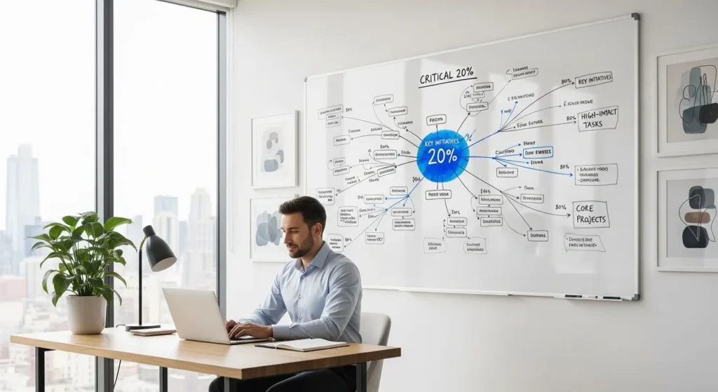 A wide view of a home office where a person works at a desk. On the wall behind them, a large diagram has a few key points circled brightly.