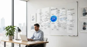 A wide view of a home office where a person works at a desk. On the wall behind them, a large diagram has a few key points circled brightly.