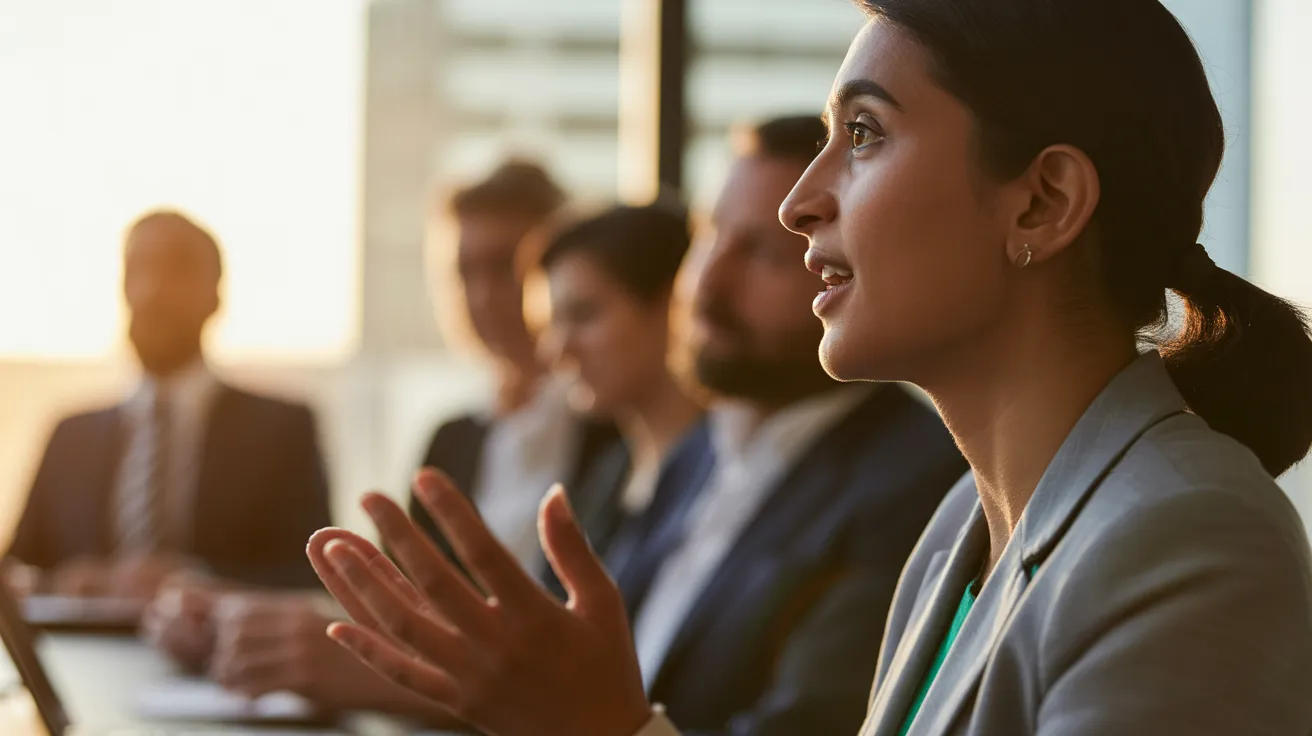 A close view of a professional woman leading a discussion in a meeting room, backlit by the warm light of the setting sun.