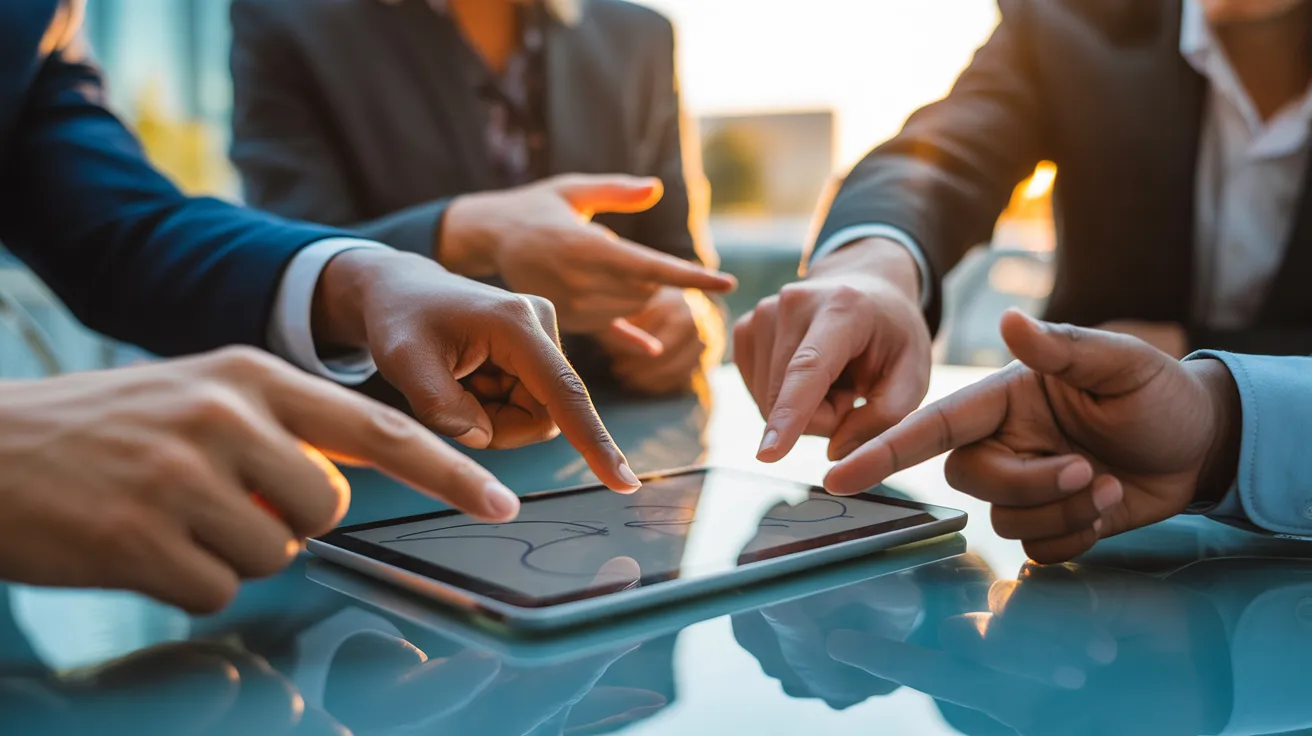 A close-up of several pairs of hands from a diverse team interacting over a tablet on an outdoor table during a golden hour meeting.
