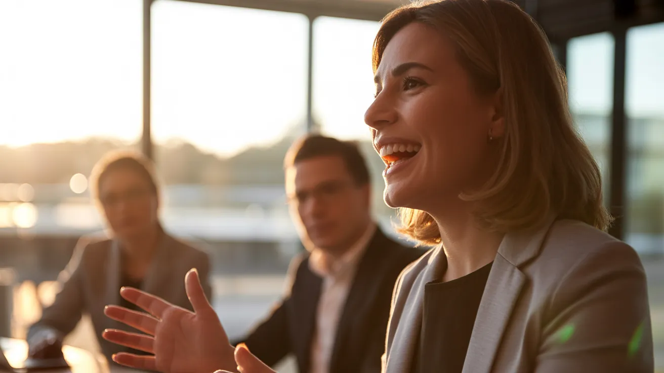 A close-up of a woman speaking in a sunlit meeting room during golden hour, with colleagues out of focus behind her.