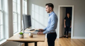 A person works intently at a standing desk in a sunlit home office, while another person waits respectfully in the background doorway.