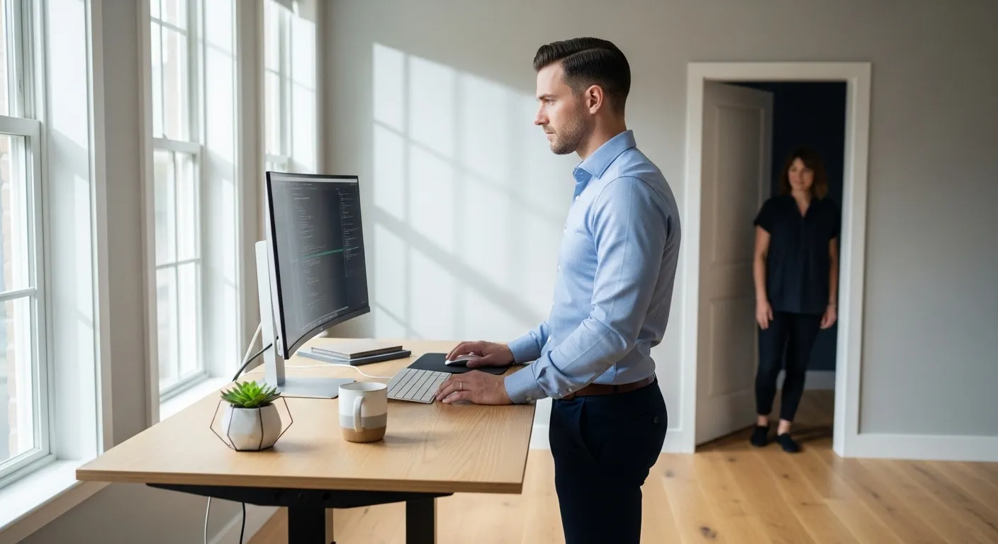 A person works intently at a standing desk in a sunlit home office, while another person waits respectfully in the background doorway.