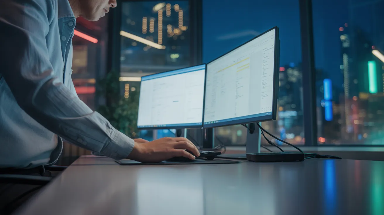 A person seen from a low angle works at a computer with two screens in an office at night, with neon city lights reflecting on the equipment.