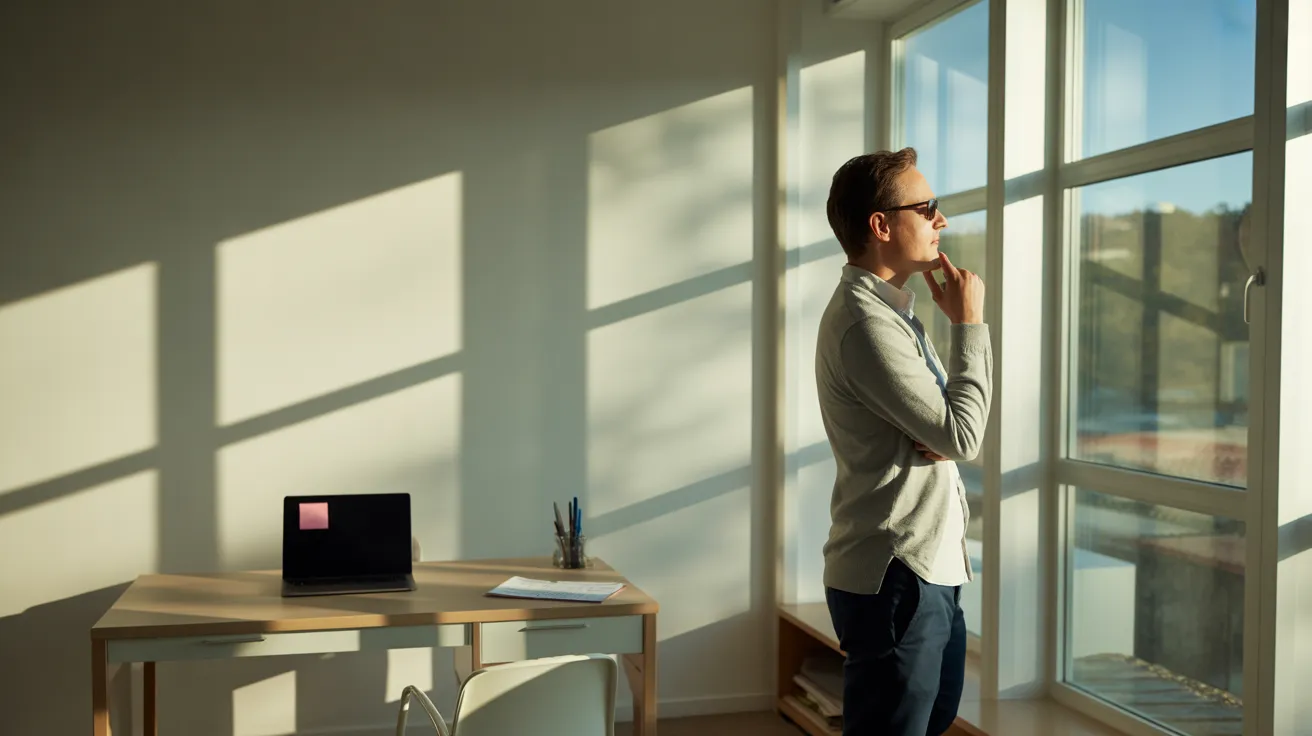 A person takes a quiet break, looking out the window of a bright, modern home office during midday.