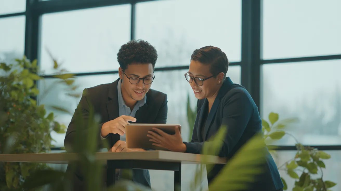 Two colleagues, a man and a woman, stand at a table and discuss a project on a tablet in a well-lit, contemporary office.