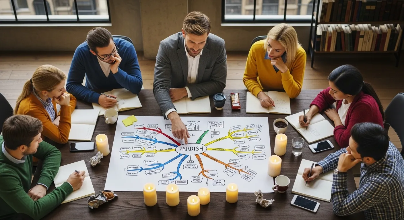 An overhead shot of a team meeting around a candlelit table, with a leader pointing to a central diagram, illustrating collaborative planning.