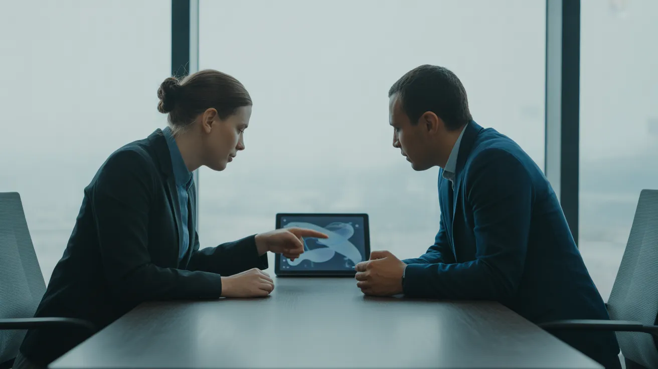 Two professionals actively collaborating over a tablet at a clean desk in a brightly lit, modern office space.