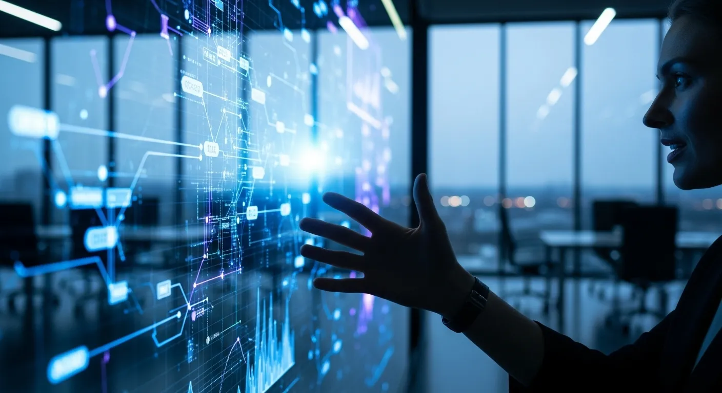 A close-up of a hand pointing to a colorful but unreadable chart on a screen during a presentation in a dimly lit office.