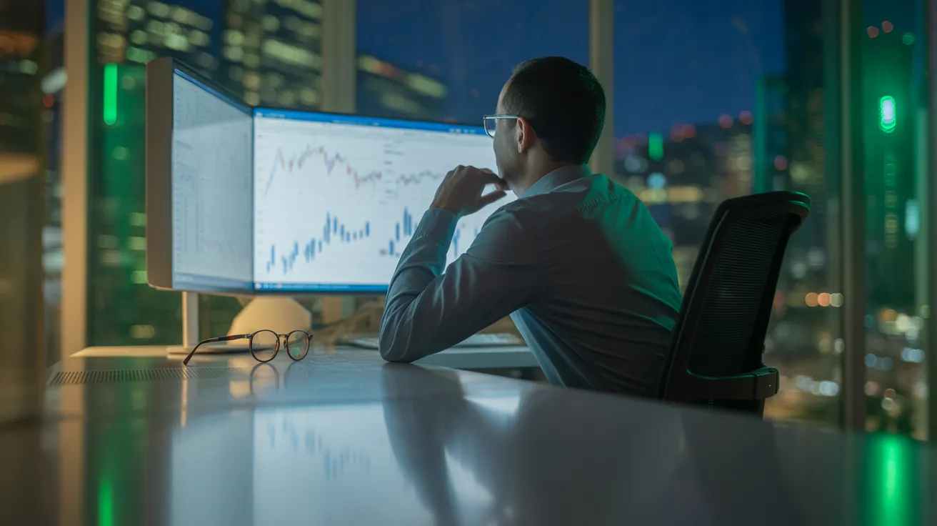 A data analyst works late in a modern office, their desk reflecting the green and white neon city lights from the window behind them.