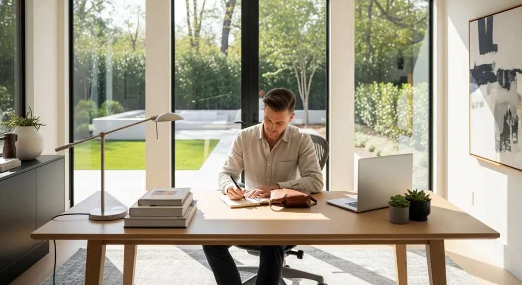 A person sits at a tidy desk in a sunlit room, writing in a notebook with their laptop closed nearby, focusing on an analog task.
