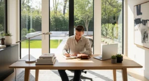 A person sits at a tidy desk in a sunlit room, writing in a notebook with their laptop closed nearby, focusing on an analog task.