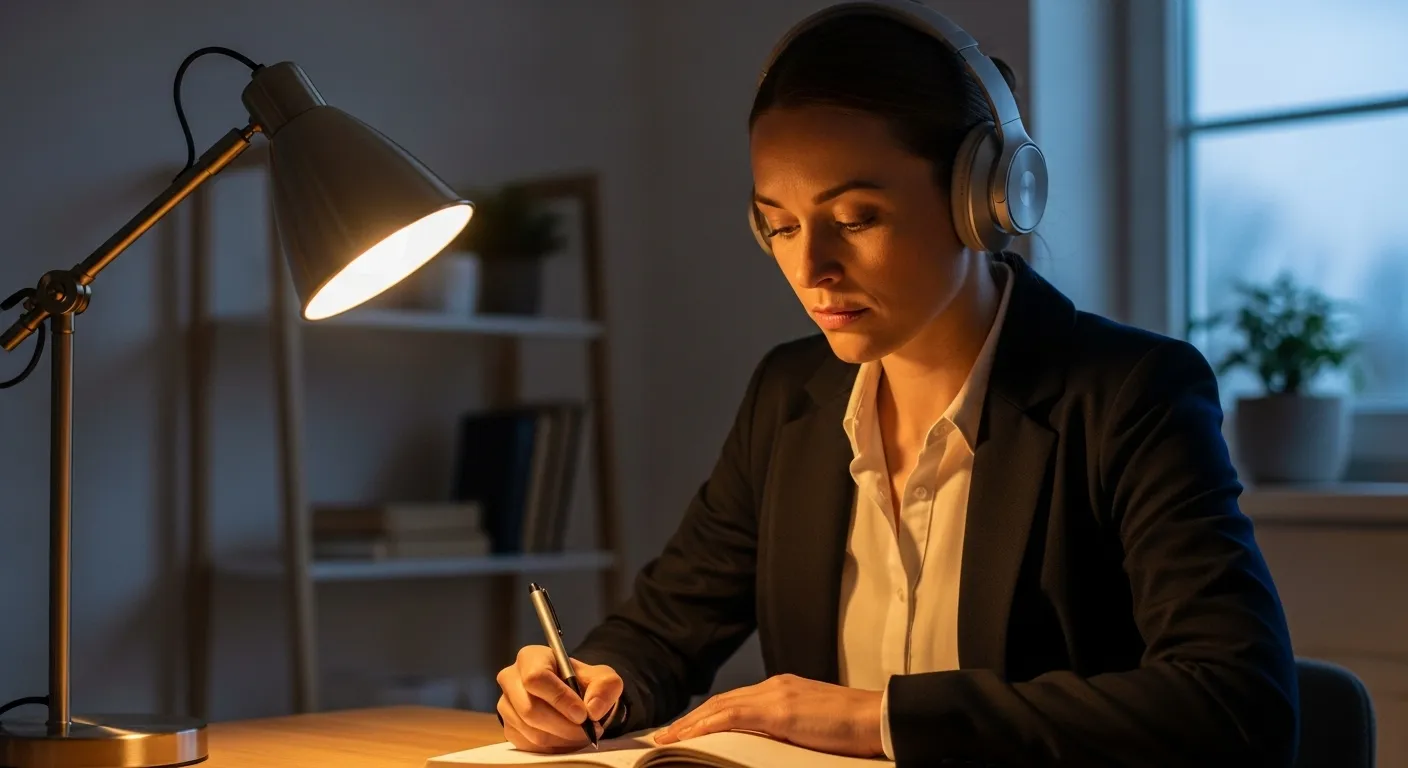 A woman wearing headphones writes intently in a notebook at her desk, lit by a warm lamp in a quiet home office setting.