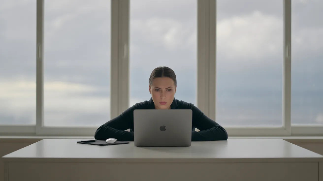 A person works at a sparse, minimalist desk in a tidy home office with soft natural light, conveying a sense of focus.