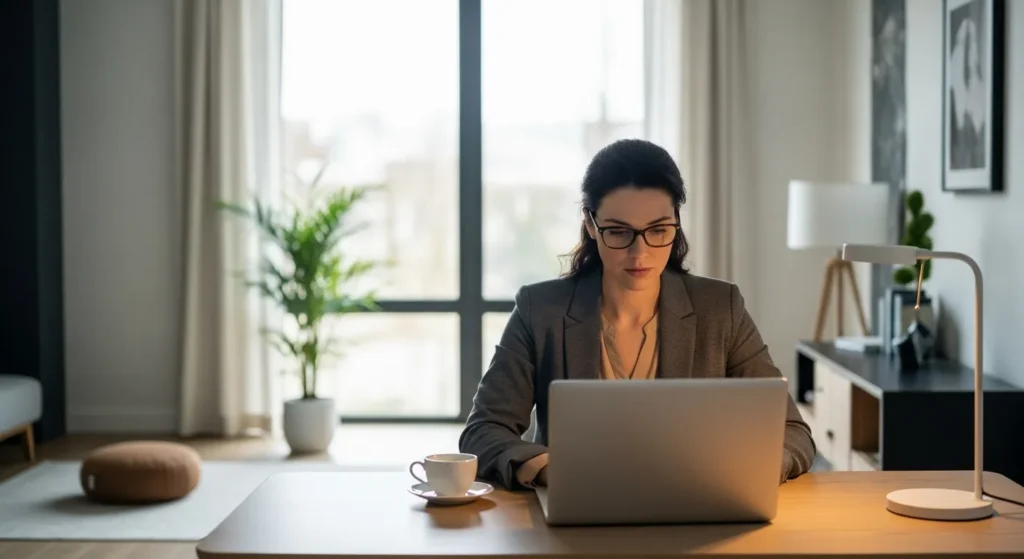 A woman works at a clean desk in a sunlit home office. A meditation cushion is visible in the corner of the room.