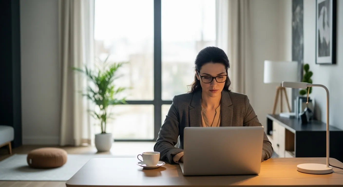A woman works at a clean desk in a sunlit home office. A meditation cushion is visible in the corner of the room.