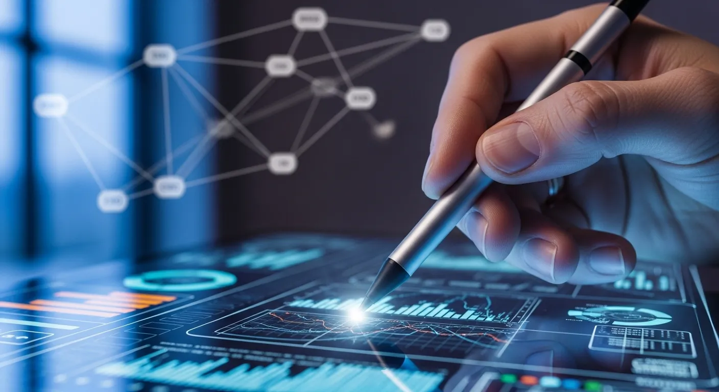 A close-up on a hand holding a stylus, pointing towards a blurred screen during a presentation at dusk.