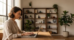 A woman works on her laptop at a tidy desk in a home office with a large window, bookshelves, and a plant in the background.