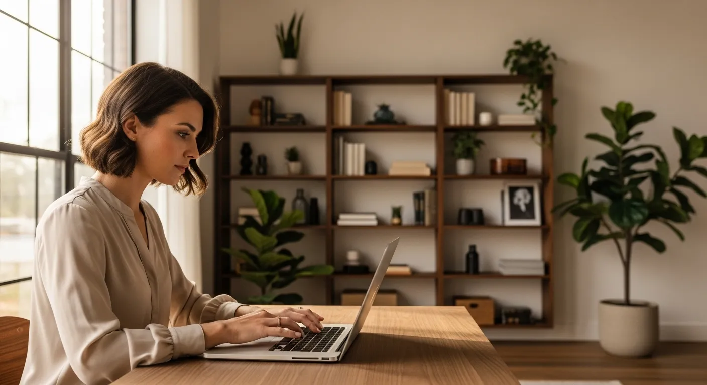 A woman works on her laptop at a tidy desk in a home office with a large window, bookshelves, and a plant in the background.