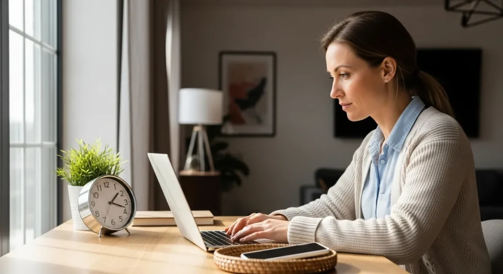 A woman works at a clean, modern desk by a window. Her workspace is organized with her phone put away in a small basket.
