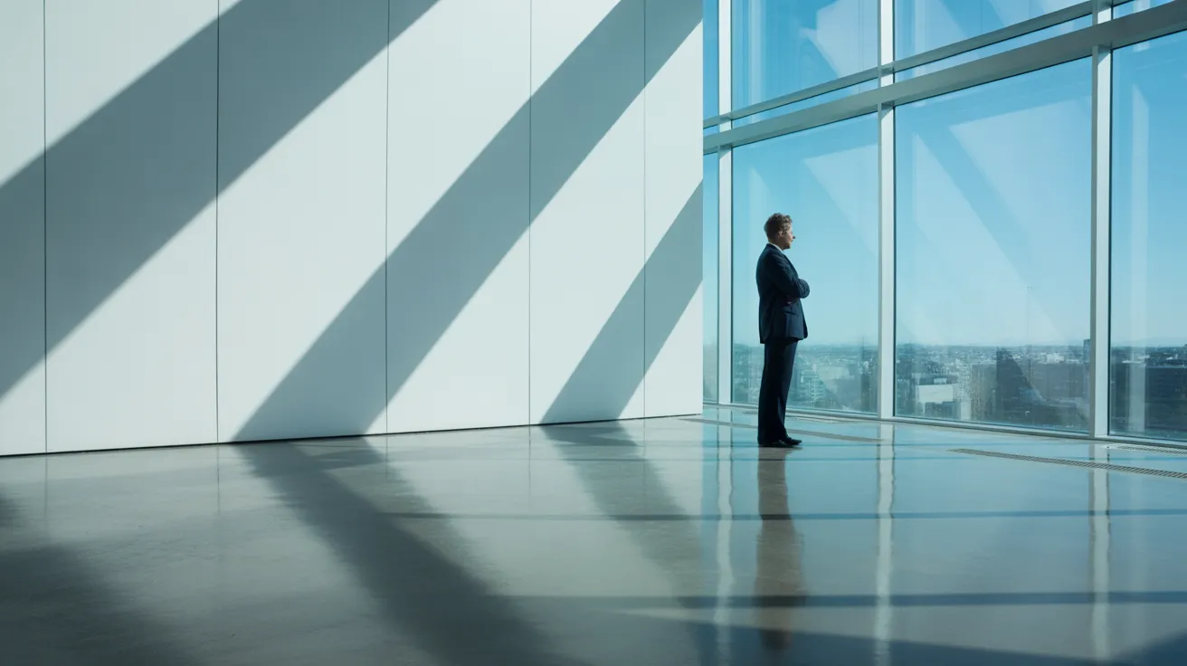 A person takes a quiet break, looking out a large window in a spacious, sunlit modern office.