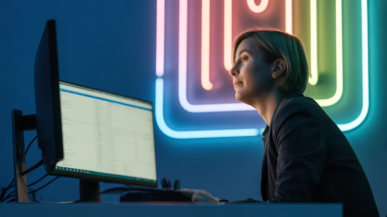 A person in their 30s working at a computer in a dark office at night, their face illuminated by the screen and colorful neon lights from outside.