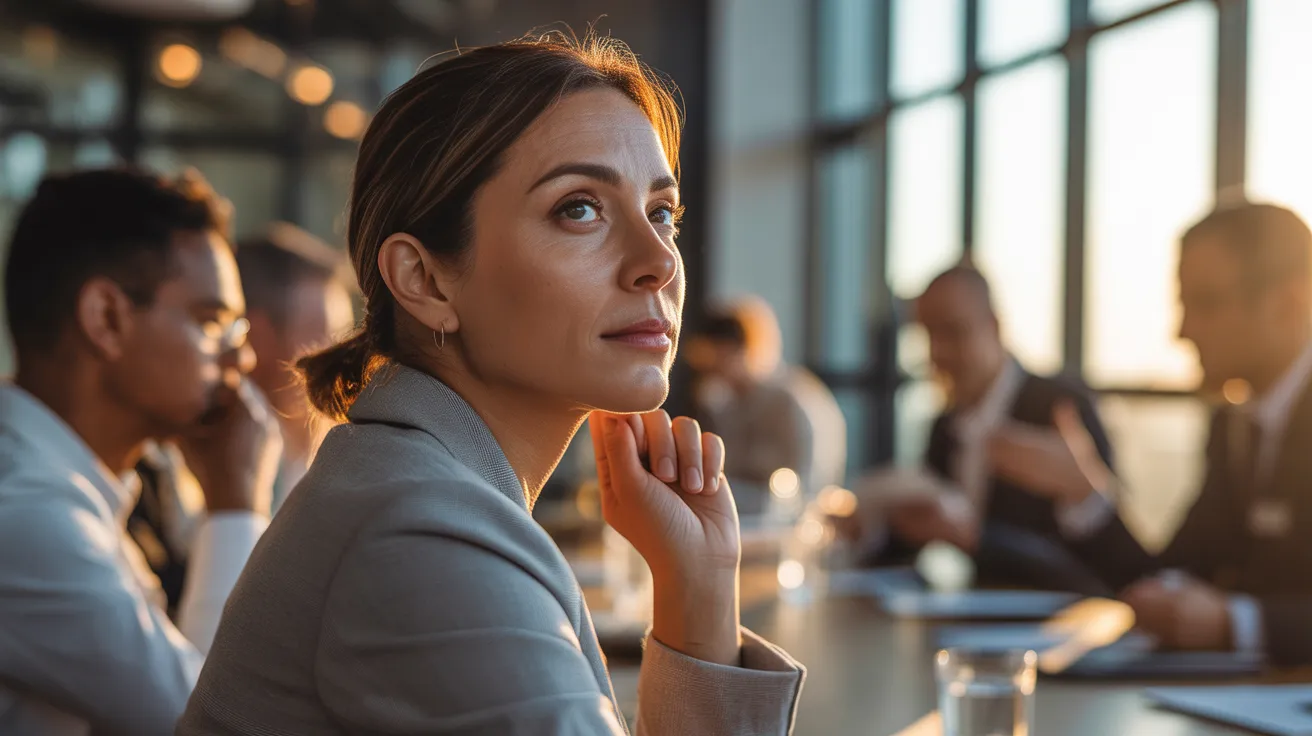 Close-up of a woman's focused expression during a team meeting, with warm, late-afternoon light illuminating the side of her face.