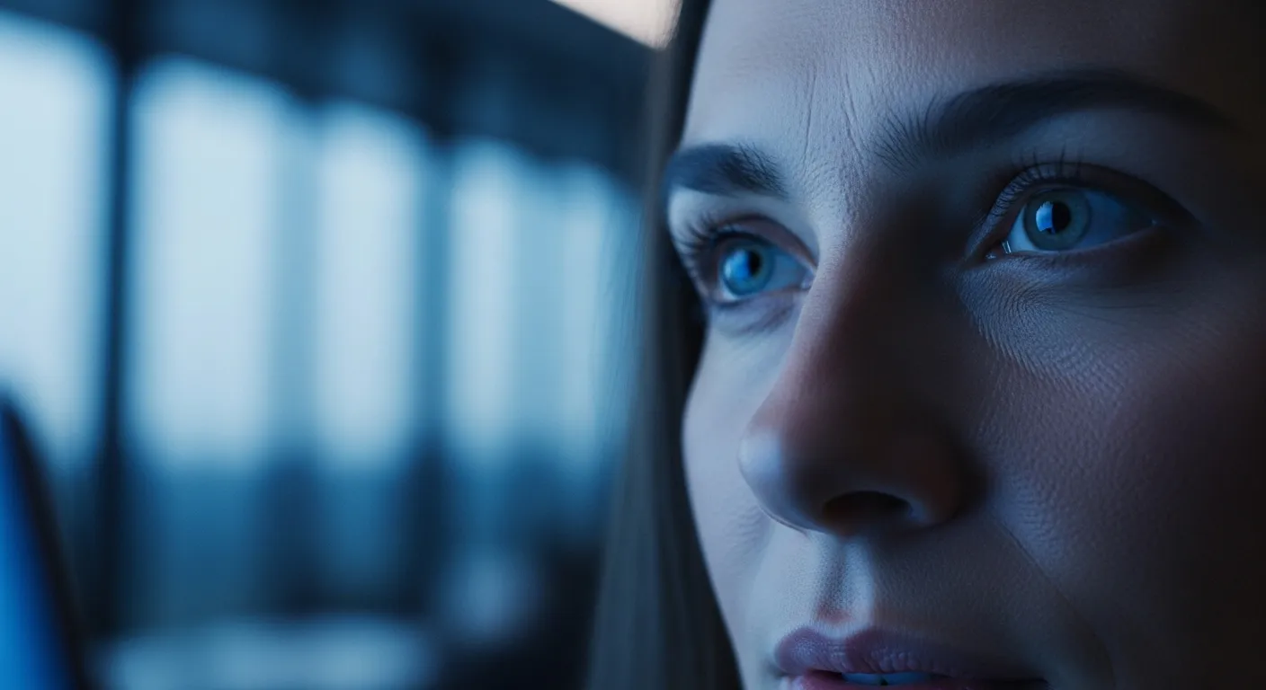 A close-up of a person's focused face, lit by the blue glow of a screen in a dark room.