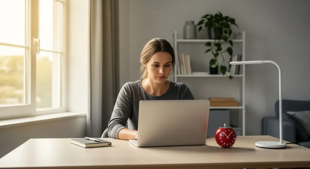 A woman works at a clean, modern desk in a sunlit home office with a laptop and a small timer, illustrating a focused work environment.