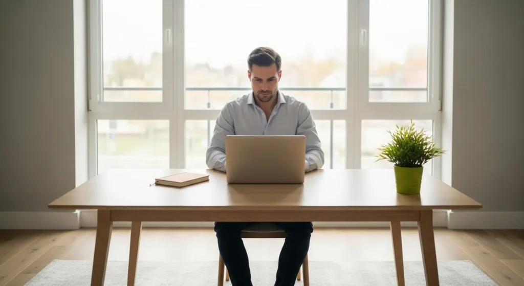 A person works on a laptop at a clean, minimalist desk in a bright home office with a large window providing natural light.