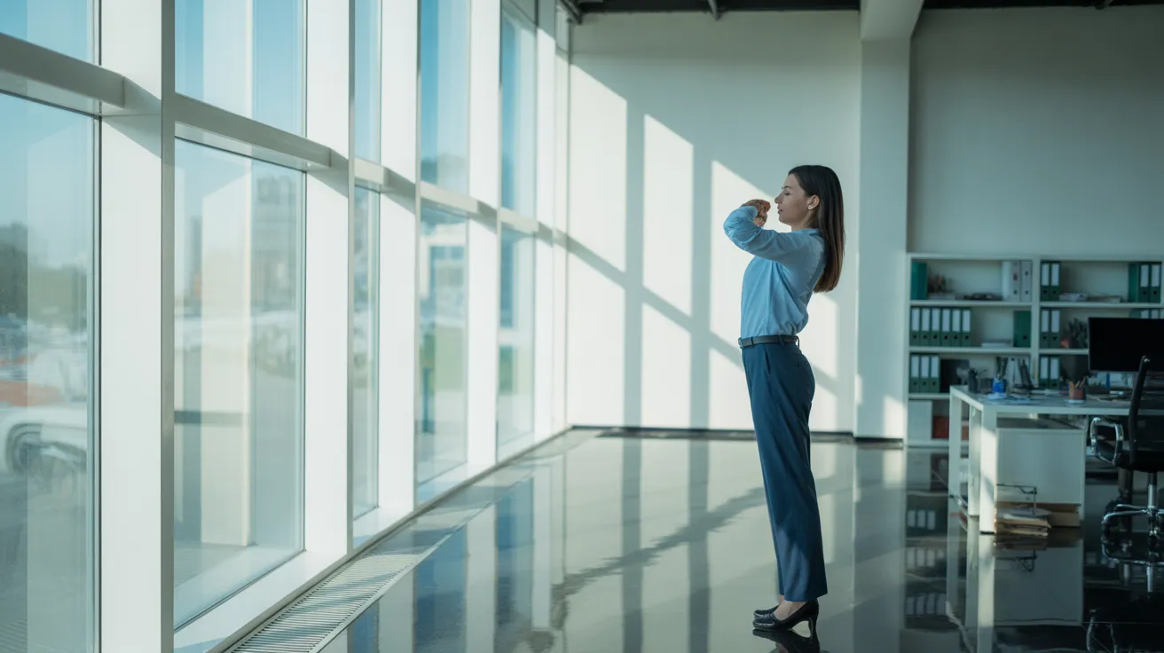A woman takes a stretching break by a large window in a sun-drenched, modern office, with her neat desk in the background.