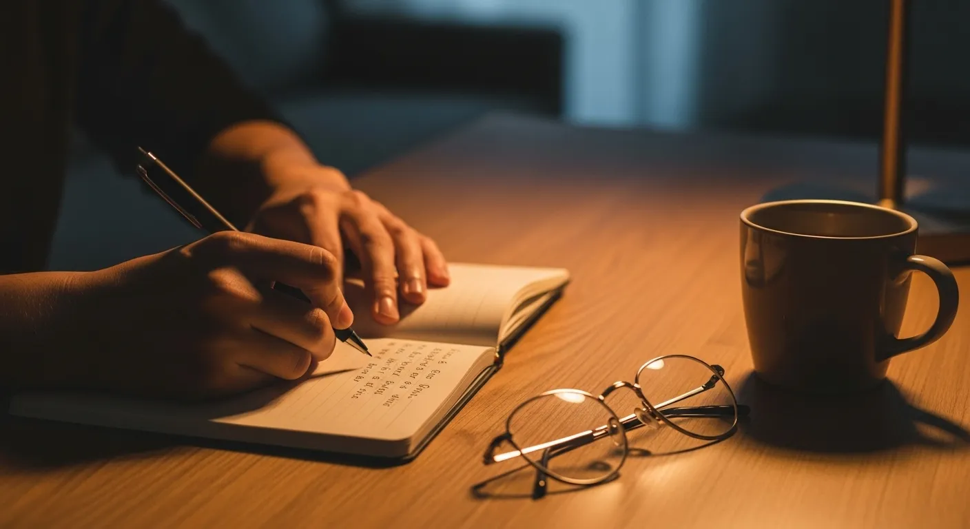A close-up of a person's hands writing in a journal at a desk under the warm glow of a lamp in the evening.