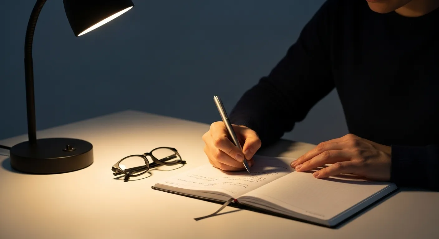 Close-up of a person's hands writing in a planner at a desk, lit by a warm lamp in the evening.