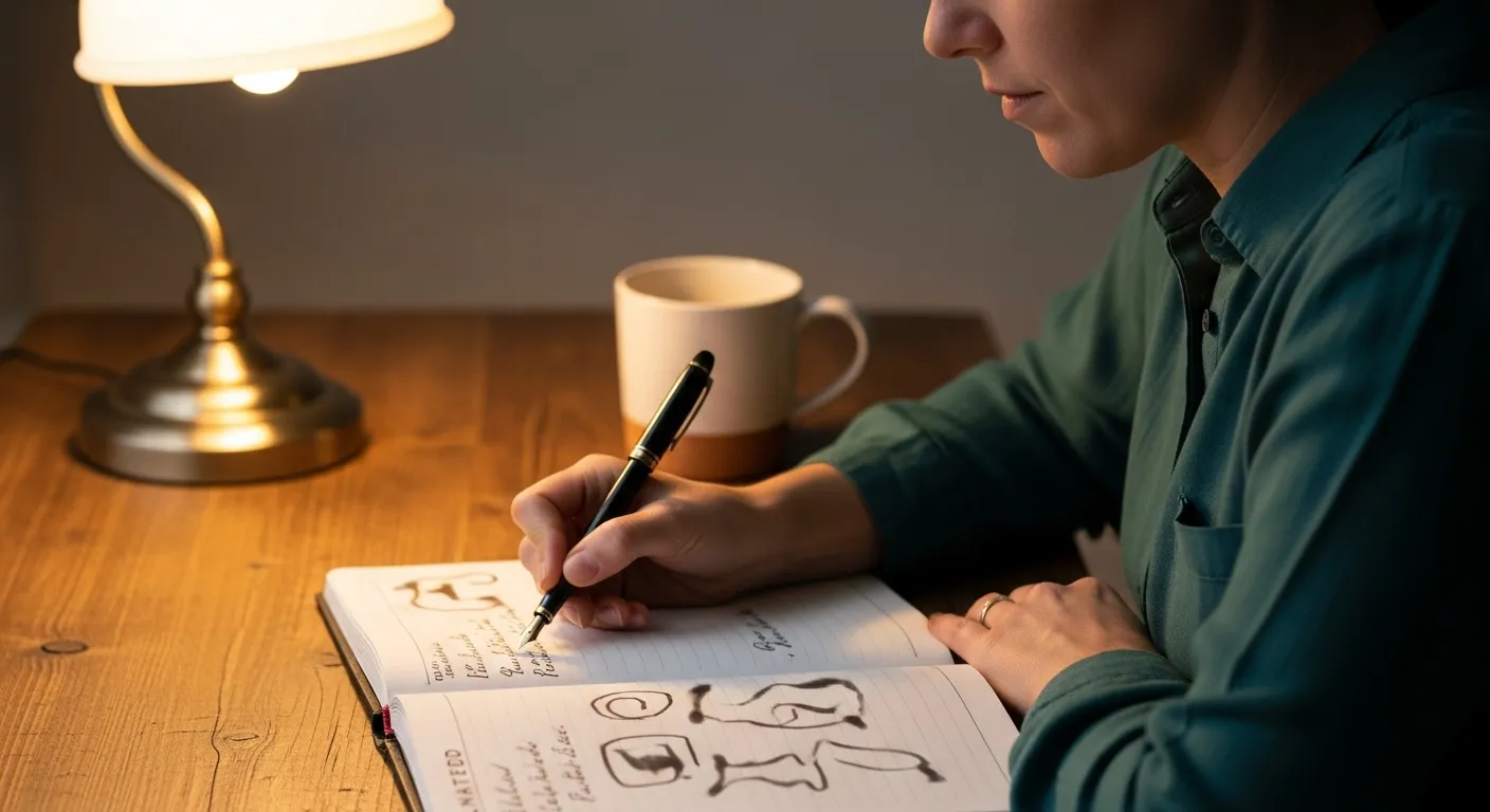 A person's hands writing in a planner on a clean desk at night, lit by the warm glow of a desk lamp.