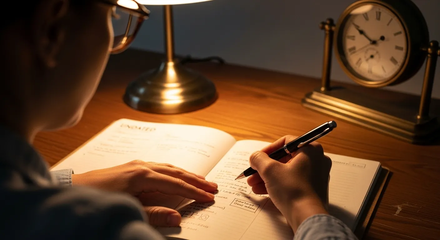 A close-up of a person's hands writing in a notebook on a desk under the warm glow of a lamp at night.