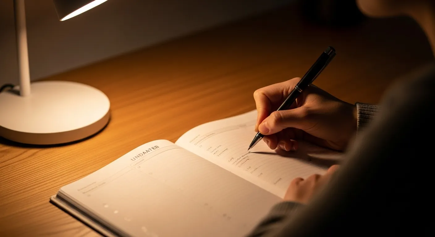A person's hand writing in a planner at a desk under the warm light of a lamp at night.