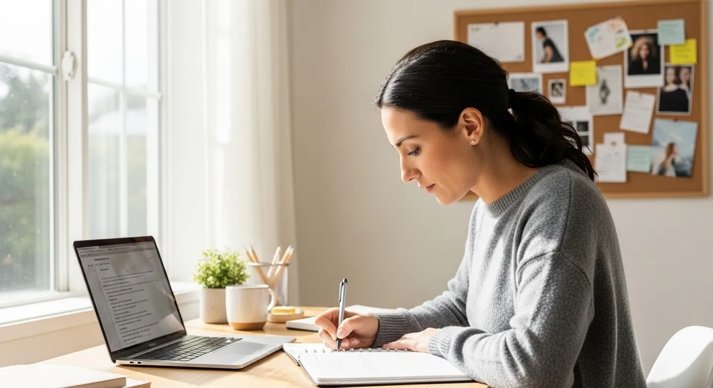 A professional woman sits at a sunlit desk, writing in a planner. A laptop is open, and a vision board is out of focus on the wall behind her.