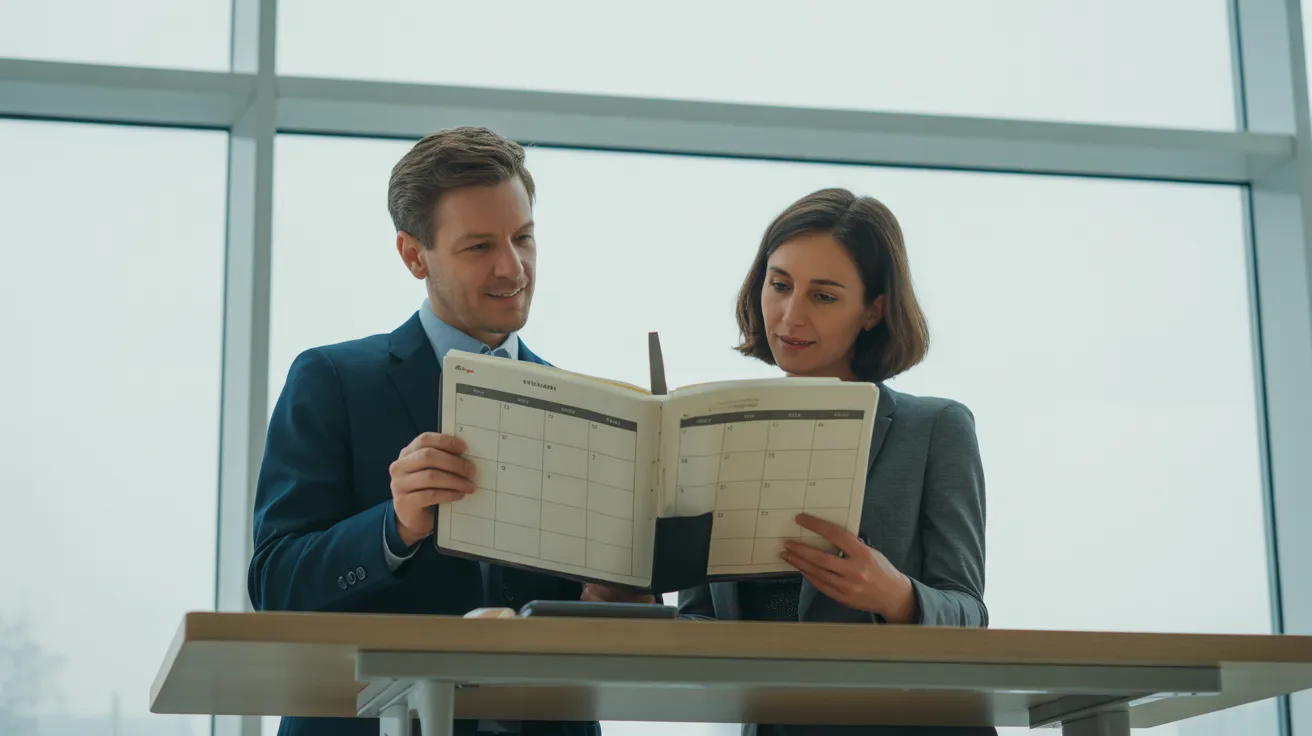 Two colleagues collaborate over a large weekly planner on a standing desk in a brightly lit, contemporary office.