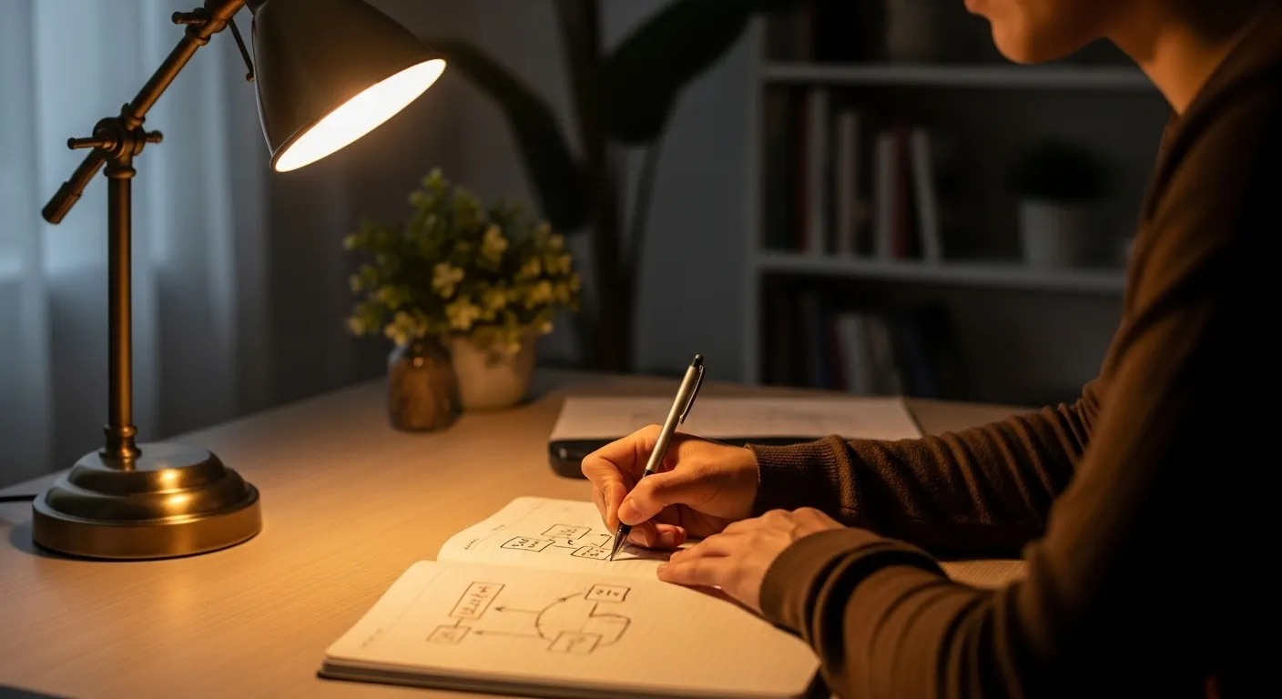 A person's hands are seen writing in a planner with abstract diagrams under the warm light of a desk lamp in the evening.